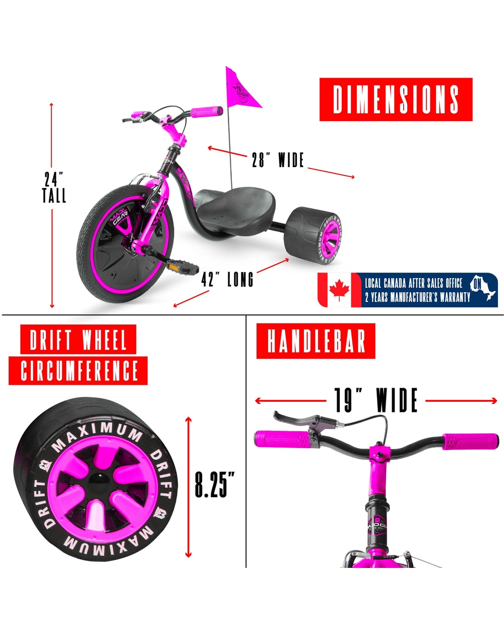 Madd Gear Drift Trike - PINK/BLACK, dimensions