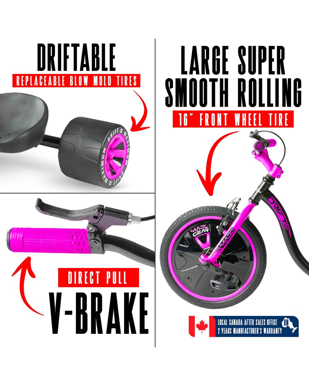 Madd Gear Drift Trike - PINK/BLACK, drift wheel, front tire and brake detail