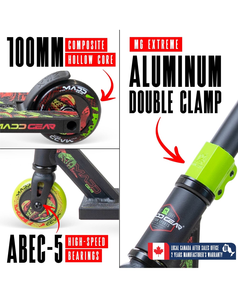 Madd Gear MG2 Obsidian Pro Stunt Scooter - Venom - GREEN, wheel and clamp detail