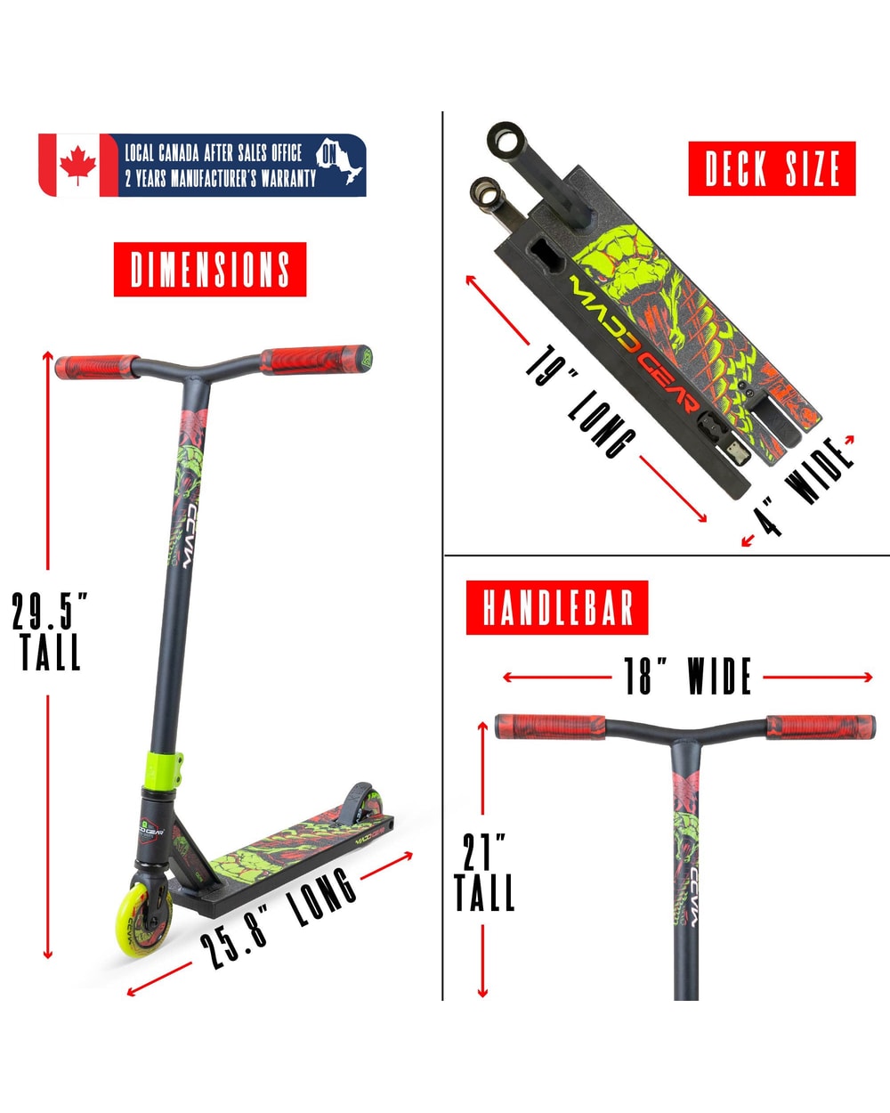 Madd Gear MG2 Obsidian Pro Stunt Scooter - Venom - GREEN, dimensions