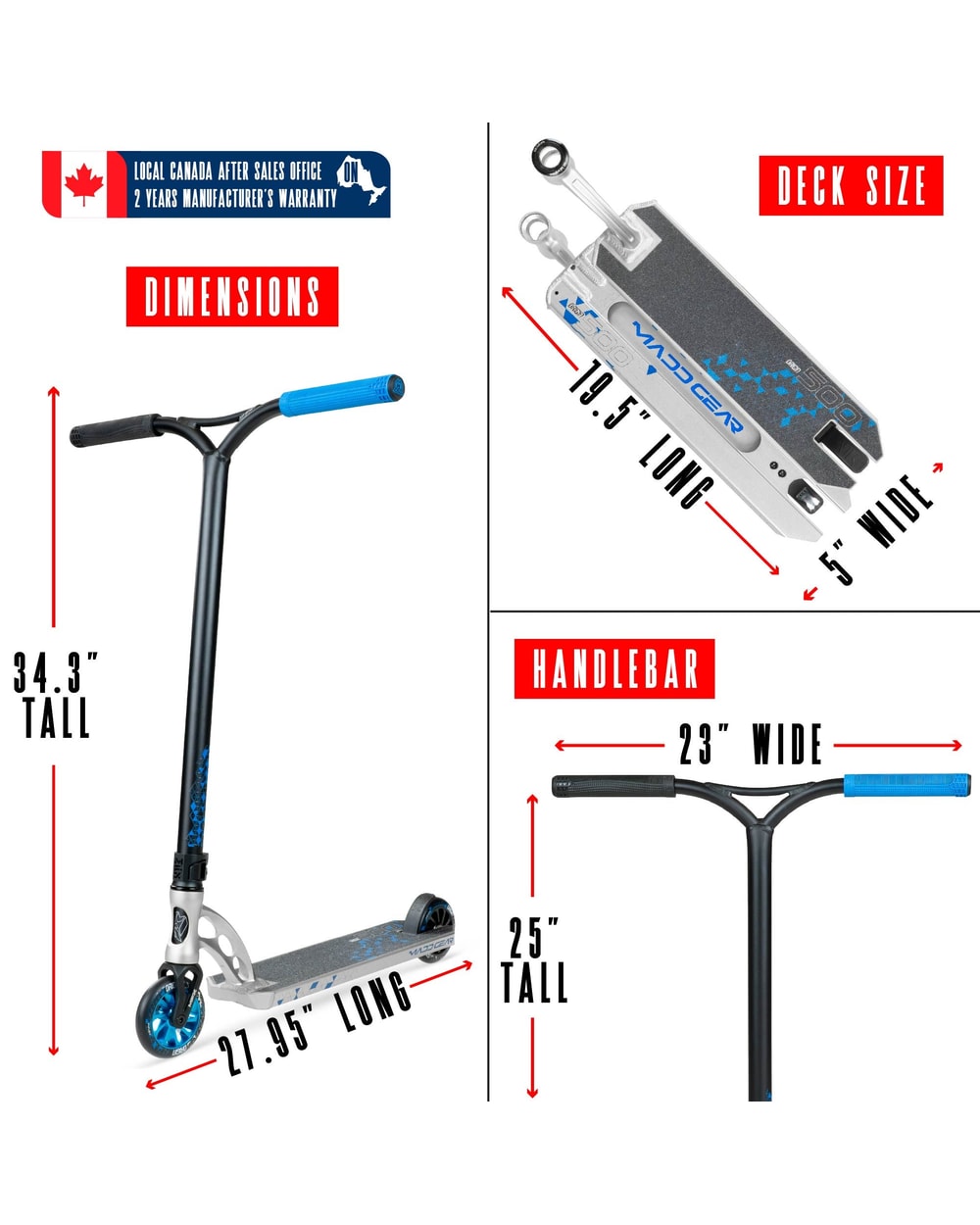 Madd Gear Origin 500 Pro Stunt Scooter - SILVER/BLUE, dimensions