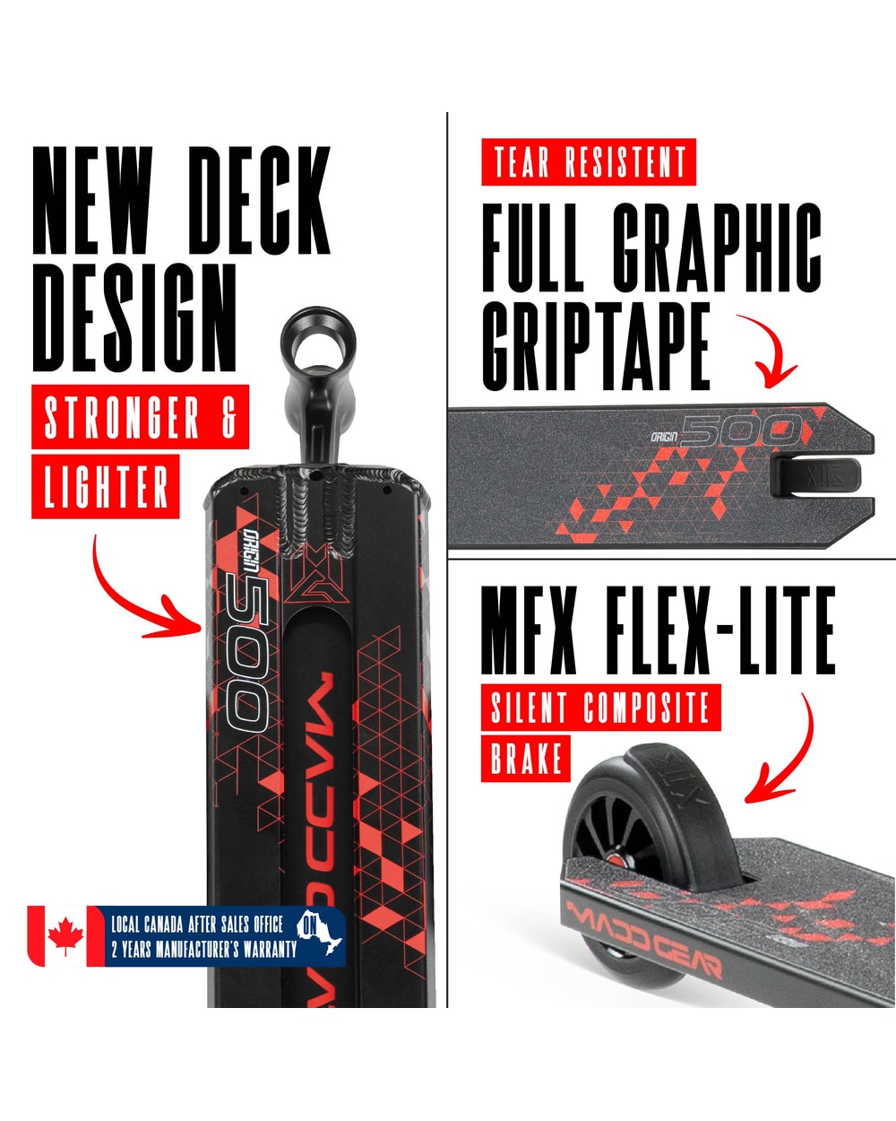 Madd Gear Origin 500 Pro Stunt Scooter - BLACK/RED, deck and brake detail