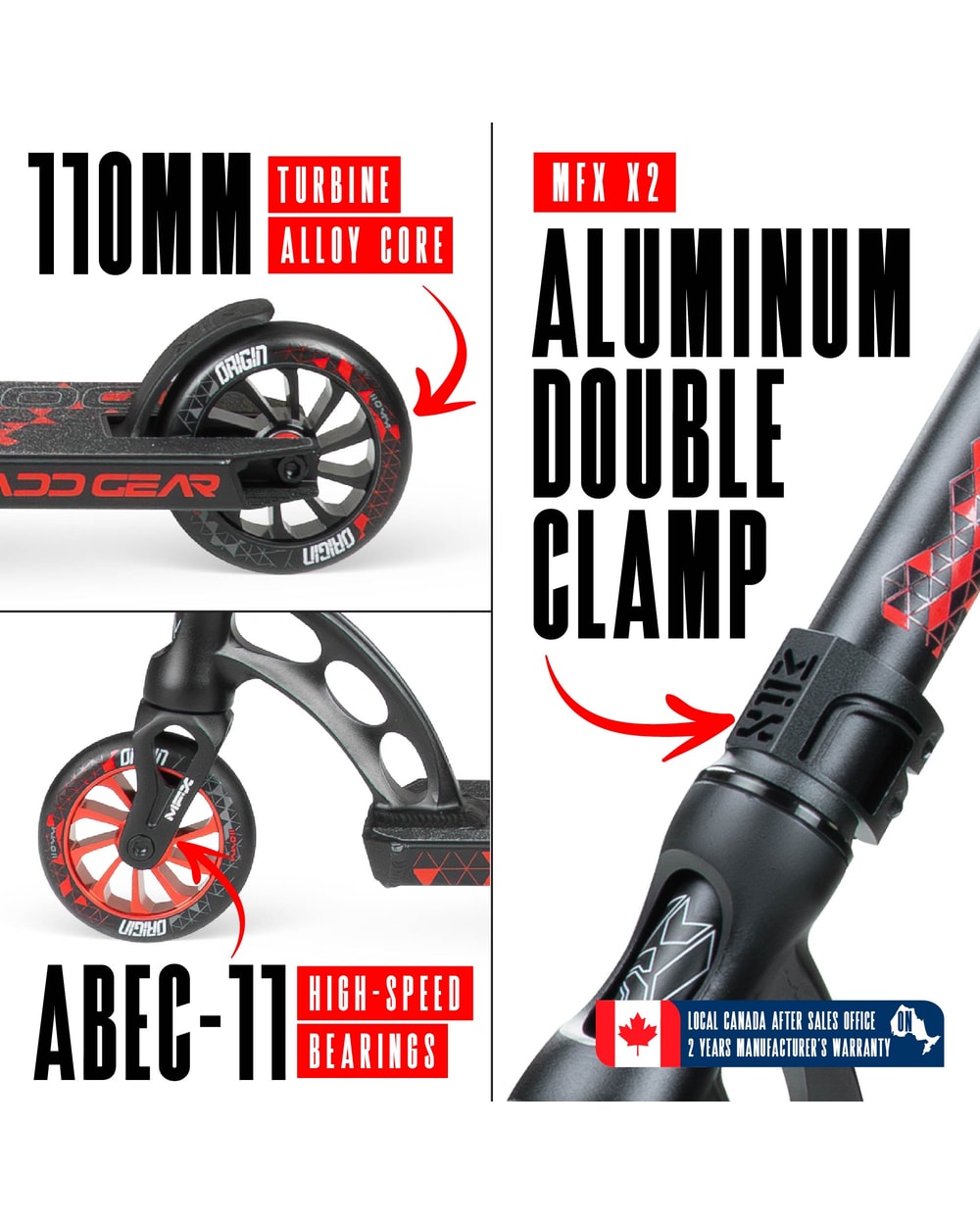 Madd Gear Origin 500 Pro Stunt Scooter - BLACK/RED, wheel and clamp detail