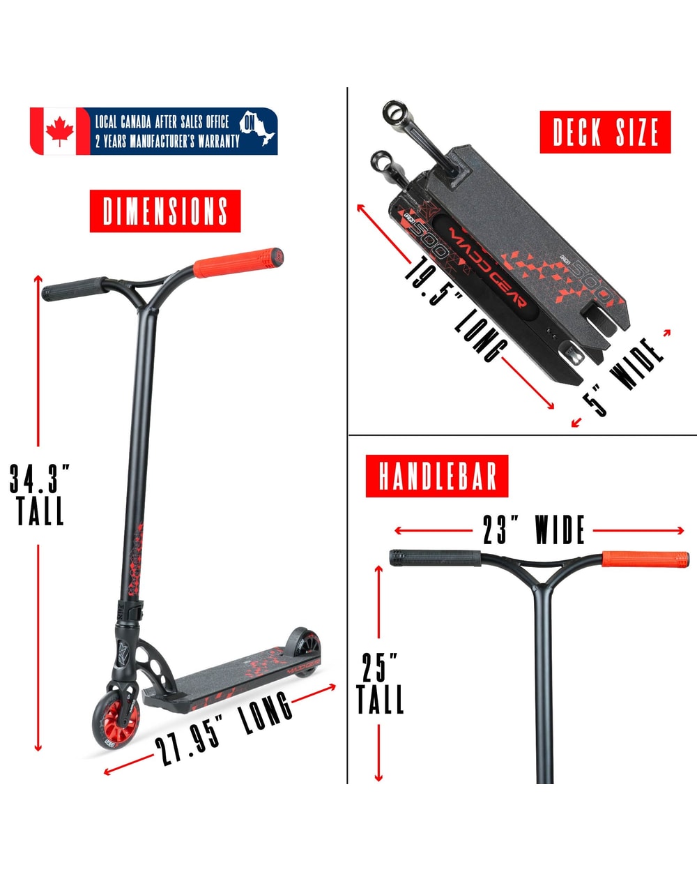 Madd Gear Origin 500 Pro Stunt Scooter - BLACK/RED, dimensions