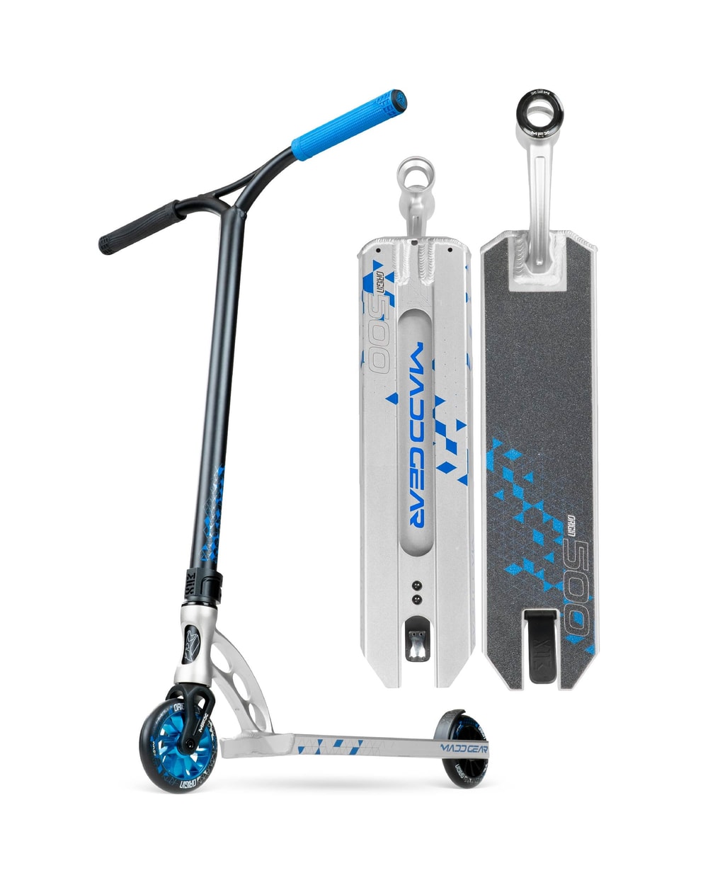 Madd Gear Origin 500 Pro Stunt Scooter - SILVER/BLUE, front view
