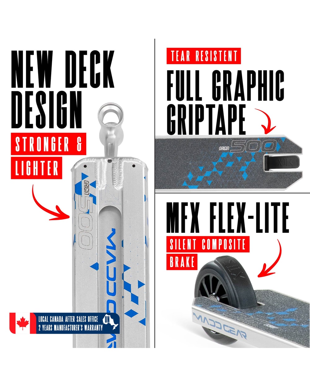 Madd Gear Origin 500 Pro Stunt Scooter - SILVER/BLUE, deck and brake detail