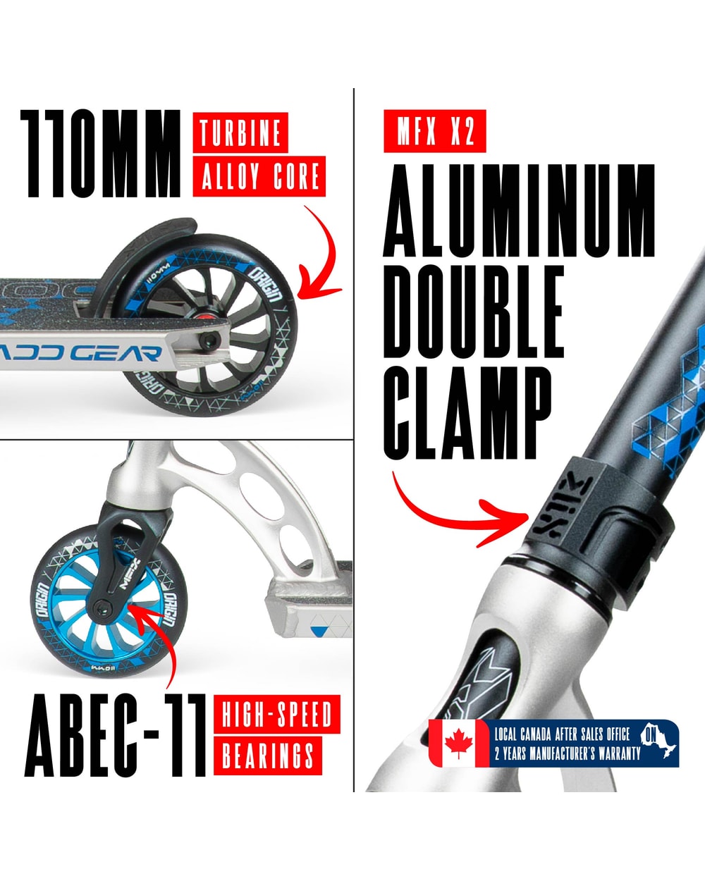 Madd Gear Origin 500 Pro Stunt Scooter - SILVER/BLUE, wheel and clamp detail