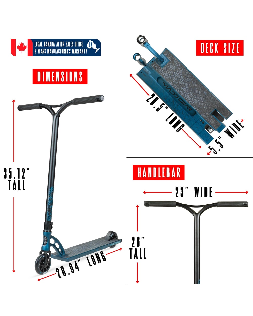 Madd Gear Origin 550 Pro Stunt Scooter - DENIM BLUE, dimensions