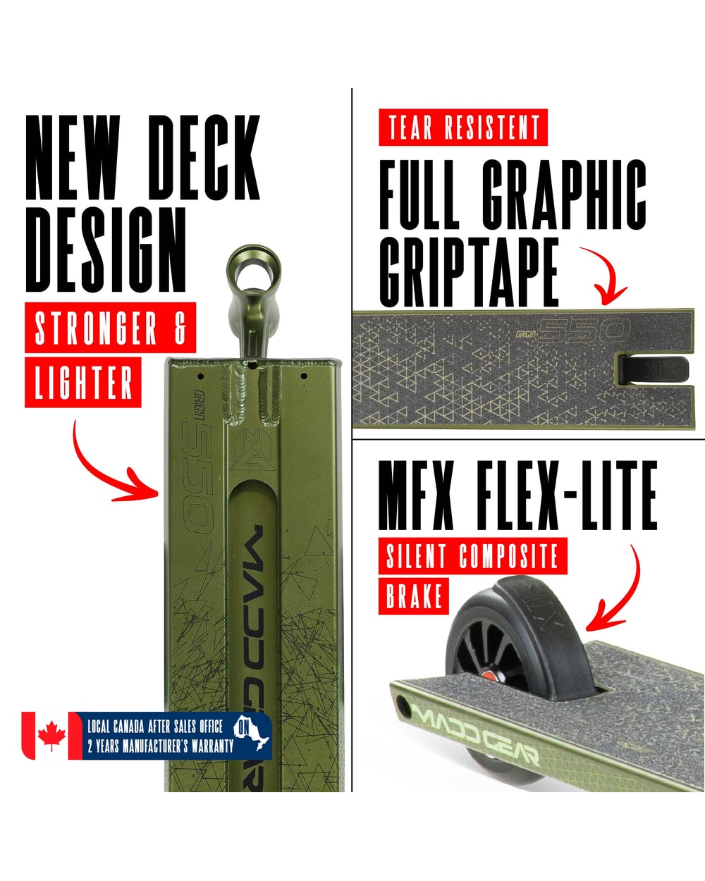 Madd Gear Origin 550 Pro Stunt Scooter - OLIVE FATIGUE, deck and brake detail