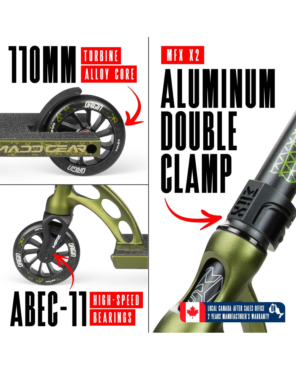 Madd Gear Origin 550 Pro Stunt Scooter - OLIVE FATIGUE, wheel and clamp detail