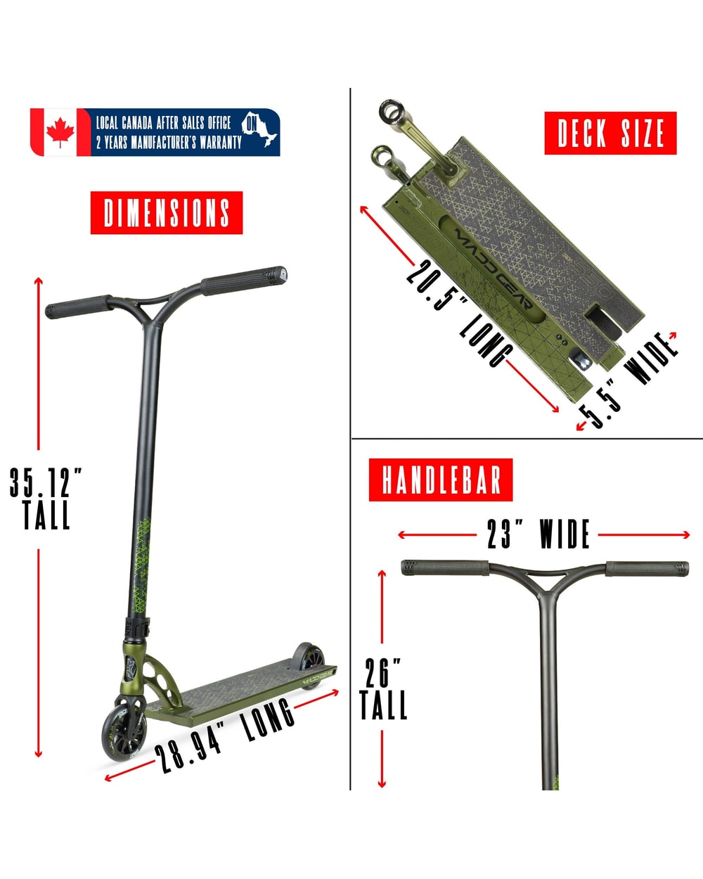 Madd Gear Origin 550 Pro Stunt Scooter - OLIVE FATIGUE, dimensions