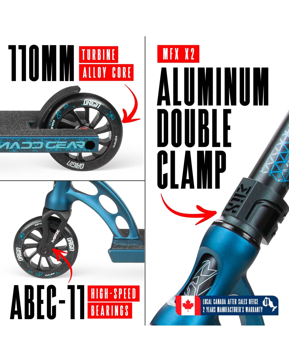 Madd Gear Origin 550 Pro Stunt Scooter - DENIM BLUE, wheel and clamp detail