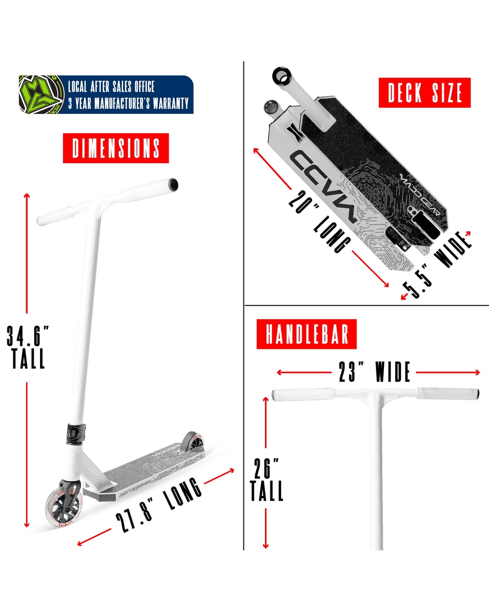 Madd Gear Viral Extreme Pro Stunt Scooter - BRIGHT WHITE, dimensions