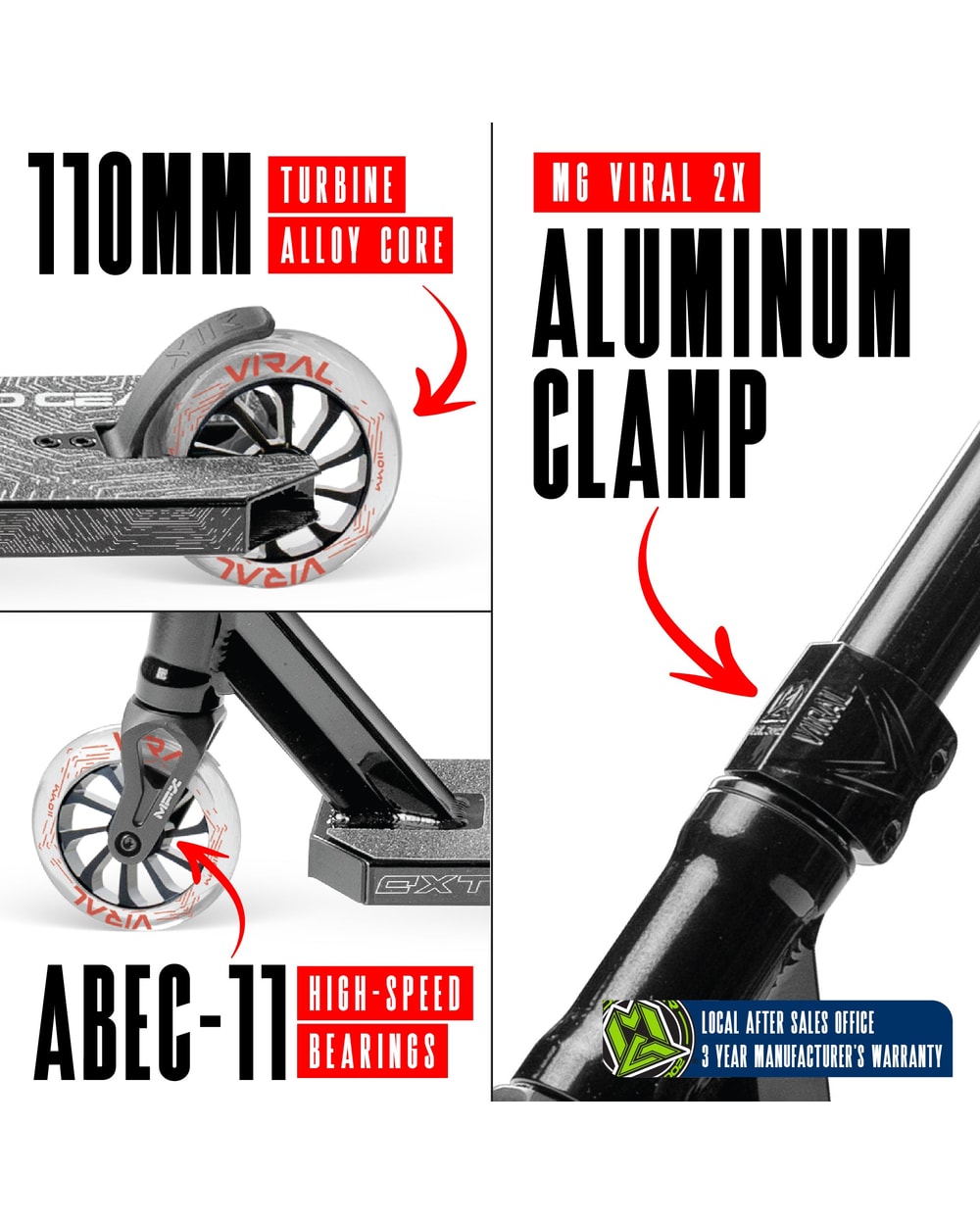Madd Gear Viral Extreme Pro Stunt Scooter - BLACK SHADOW, wheel and clamp detail