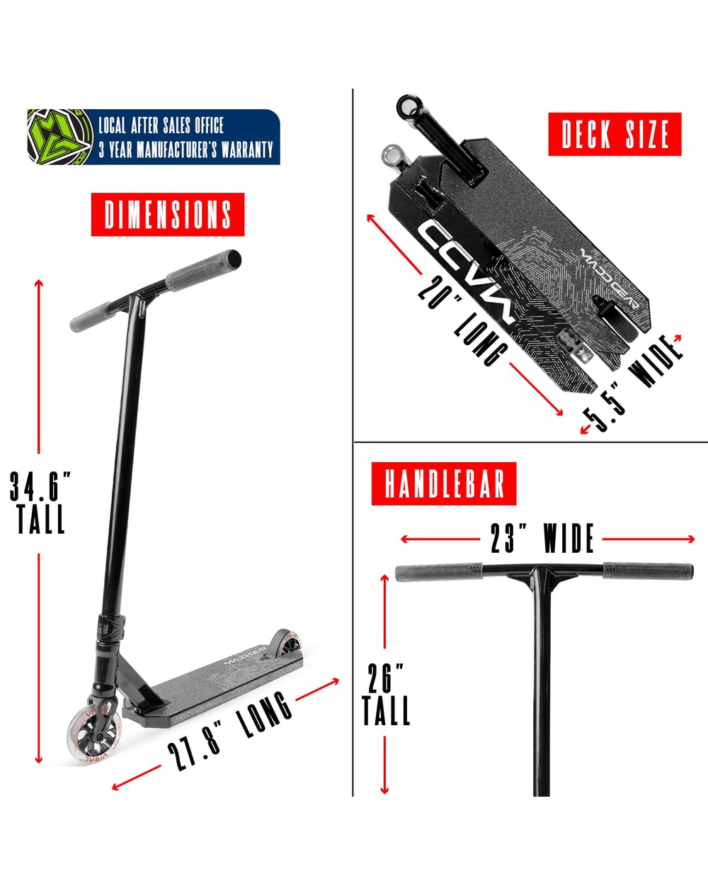 Madd Gear Viral Extreme Pro Stunt Scooter - BLACK SHADOW, dimensions