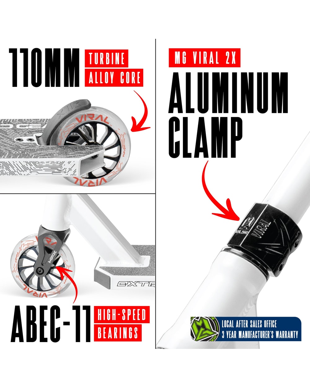 Madd Gear Viral Extreme Pro Stunt Scooter - BRIGHT WHITE, wheel and clamp detail