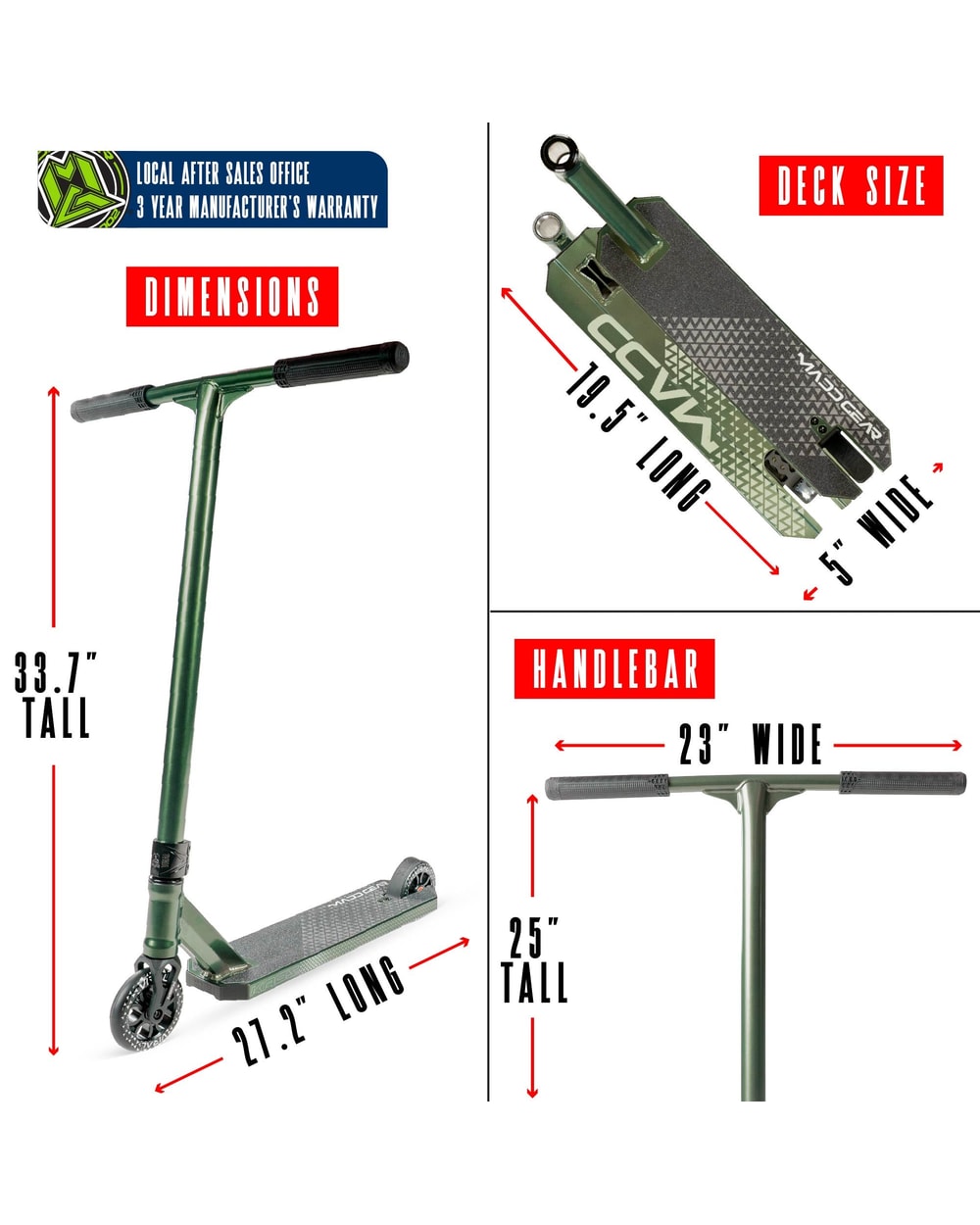 Madd Gear Viral Kaos Pro Stunt Scooter - FOREST, dimensions