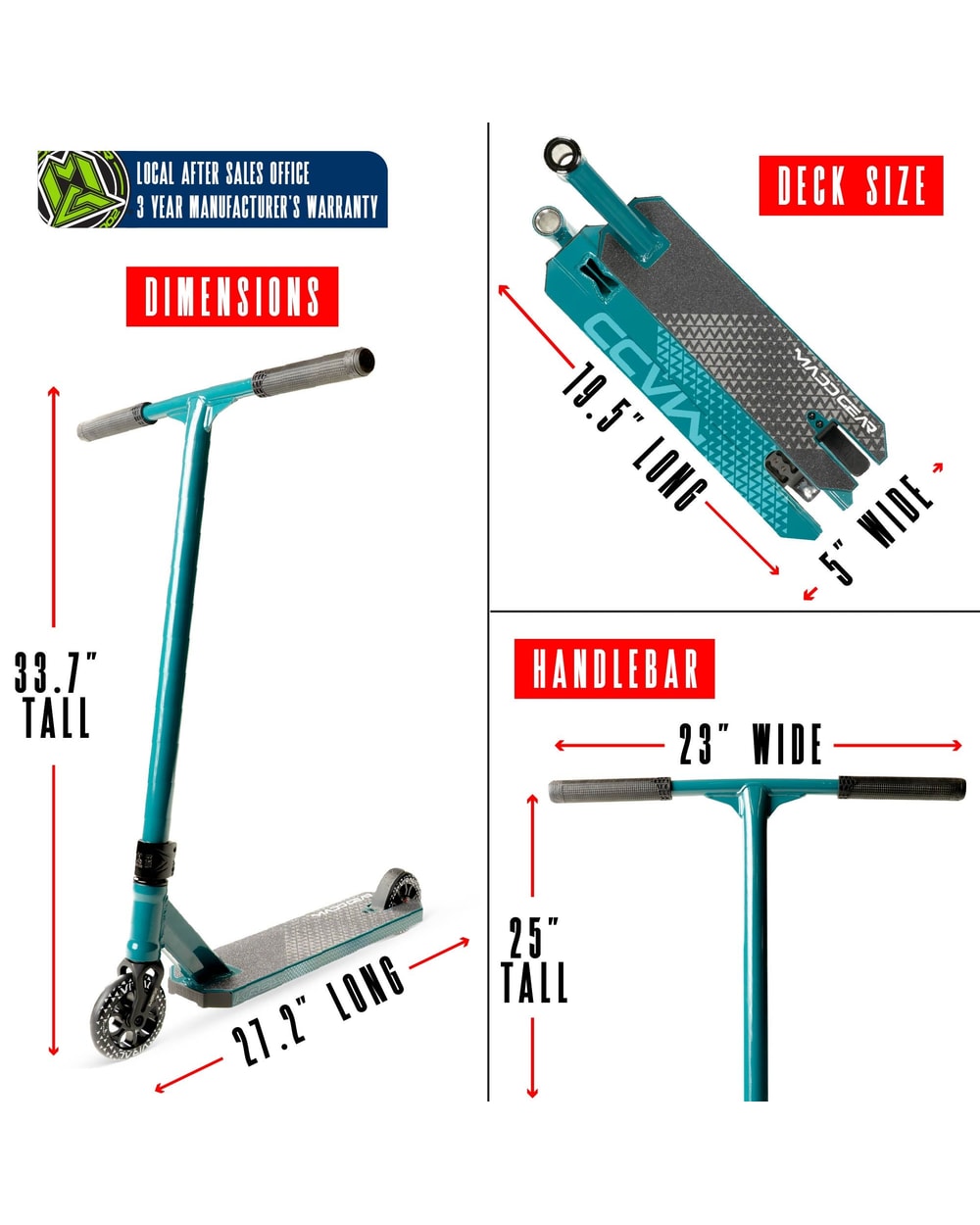 Madd Gear Viral Kaos Pro Stunt Scooter - DENIM, dimensions