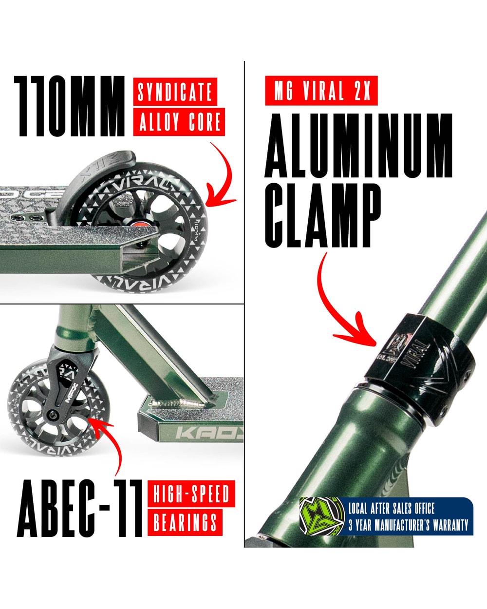 Madd Gear Viral Kaos Pro Stunt Scooter - FOREST, wheel and clamp detail