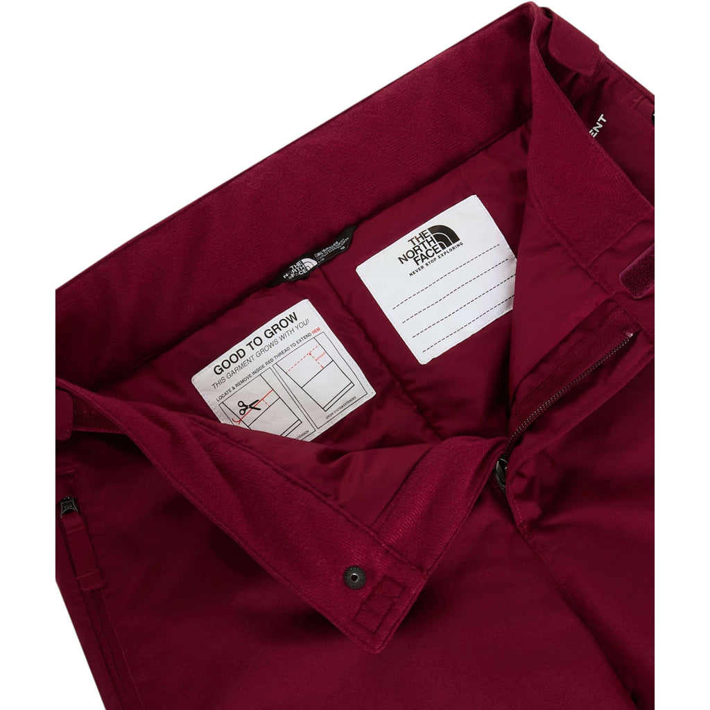 The North Face Girls' Freedom Insulated Pant in Burgundy Crush, Good to Grow waistband detail