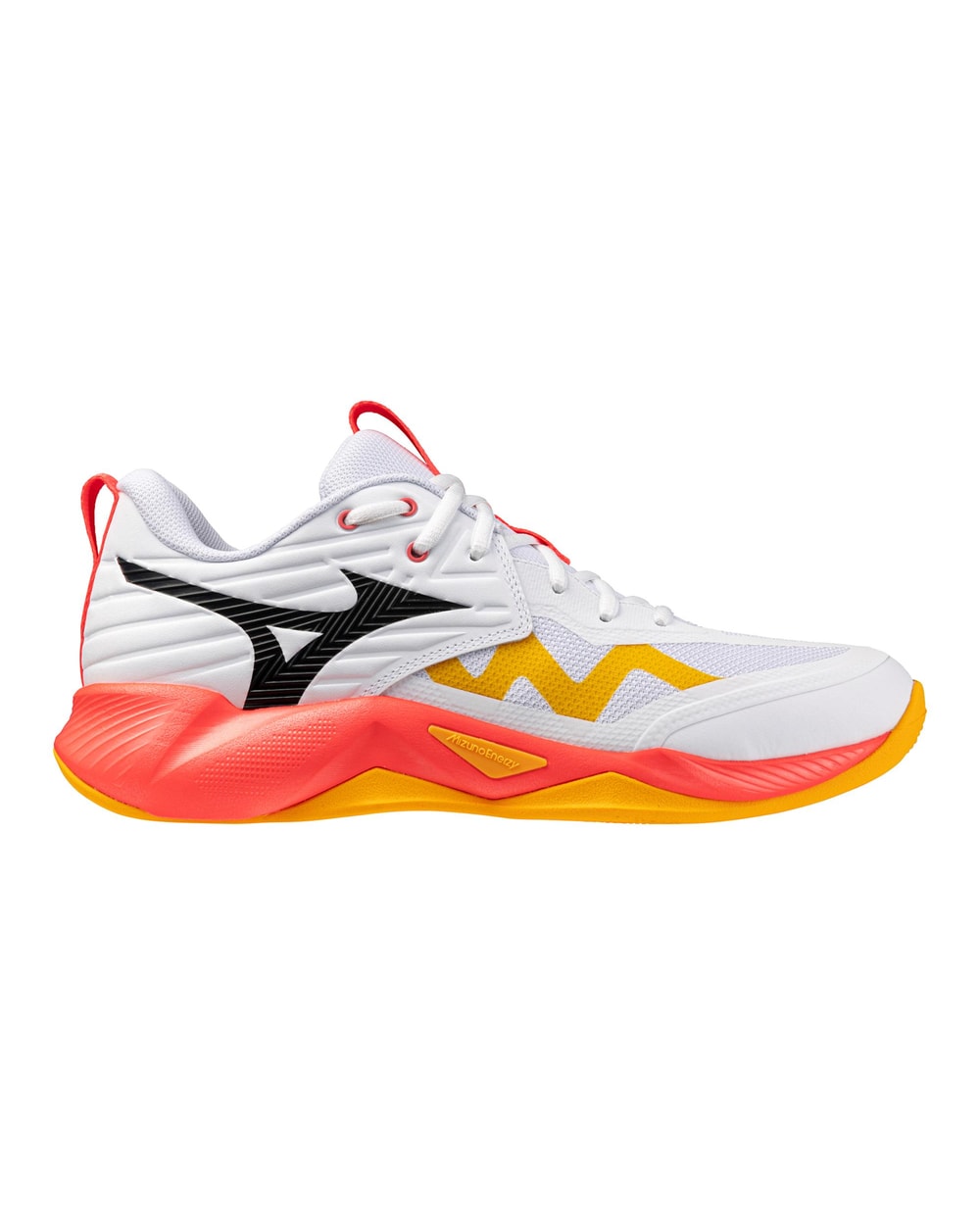 Mizuno Momentum 4 Pro Unisex Volleyball Shoes - White/Fiery Coral, three-quarter view
