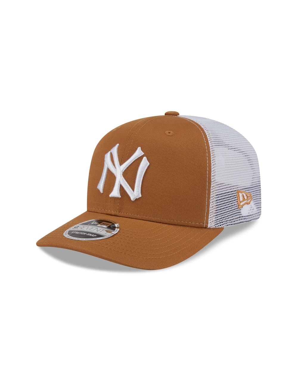 New Era New York Yankees Cooperstown Evergreen Trucker 9SEVENTY stretch-snap hat in bronze, three-quarter left view