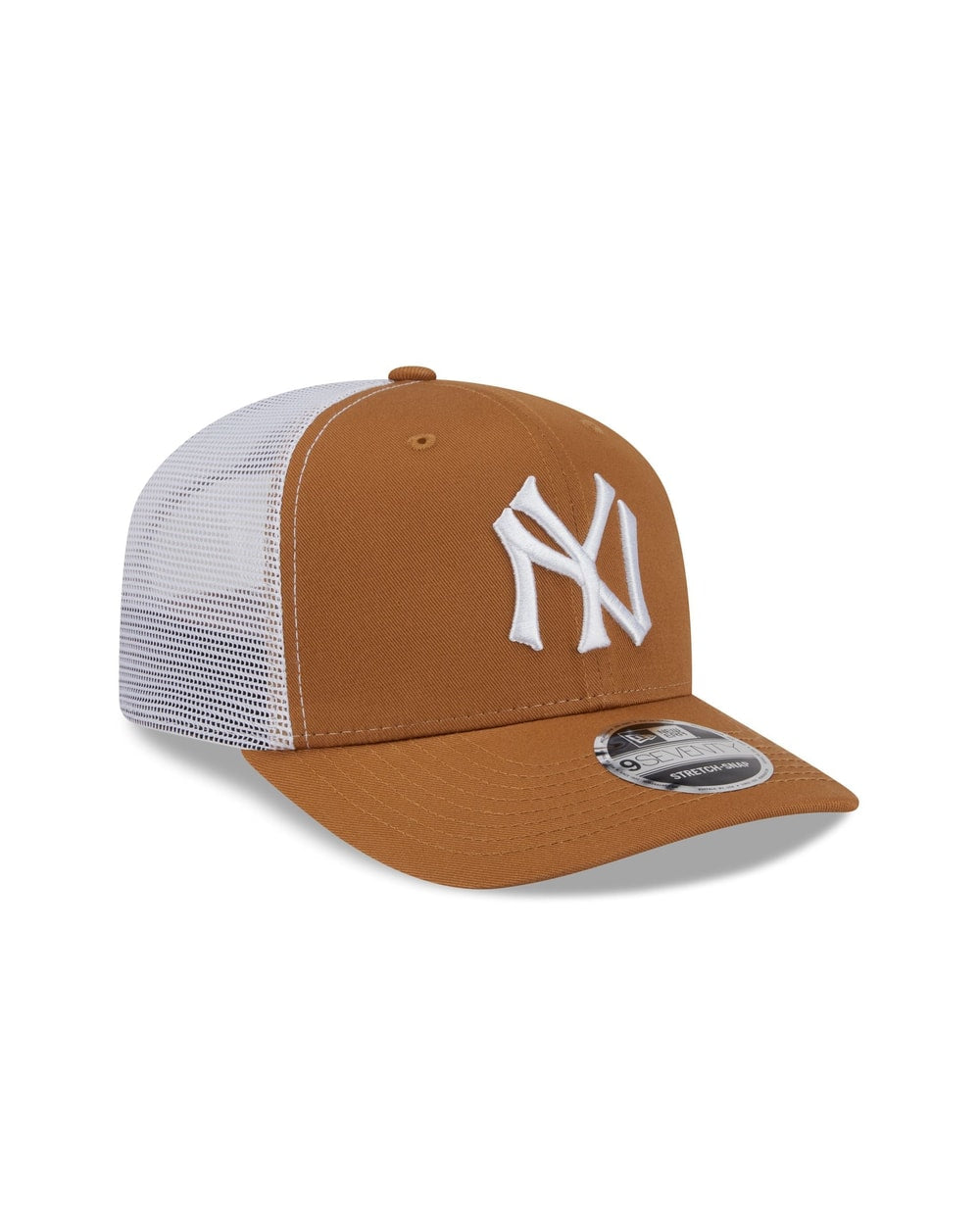New Era New York Yankees Cooperstown Evergreen Trucker 9SEVENTY stretch-snap hat in bronze, three-quarter right view