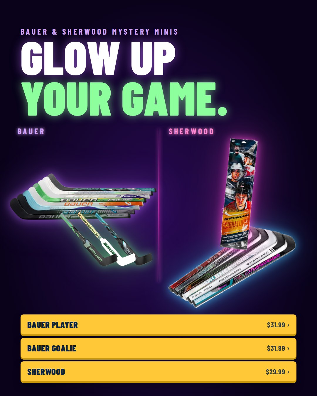 Bauer and Sherwood Mystery Minis glowing hockey mini sticks - Glow up your game