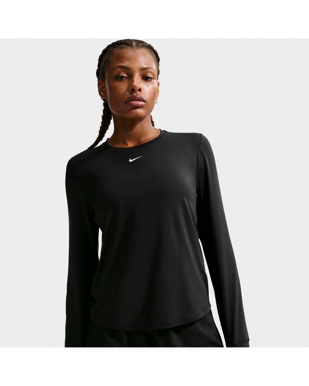 Nike Women's One Classic Dri-FIT Long-Sleeve Shirt (2026) - Black/White, on-model