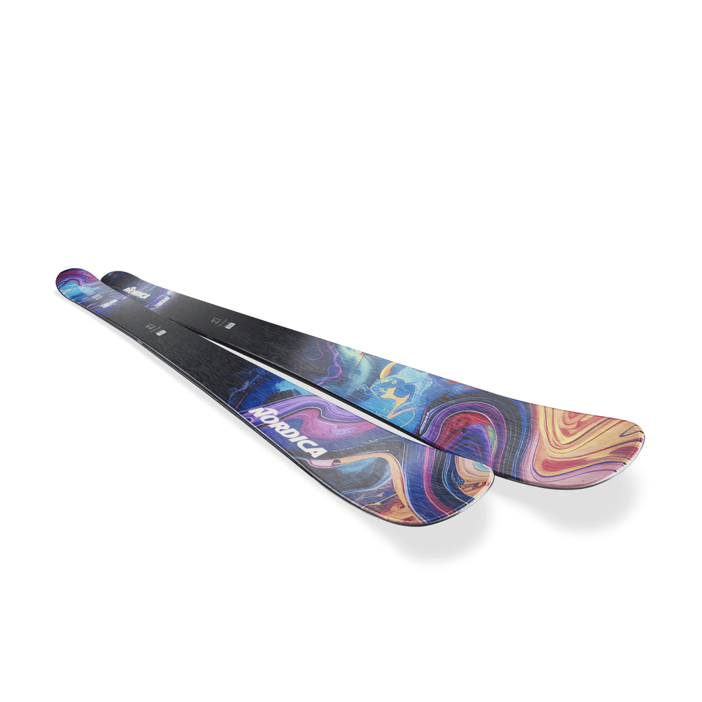 Nordica Unleashed 98 CA Skis - Blue/Orange, angled top sheet detail