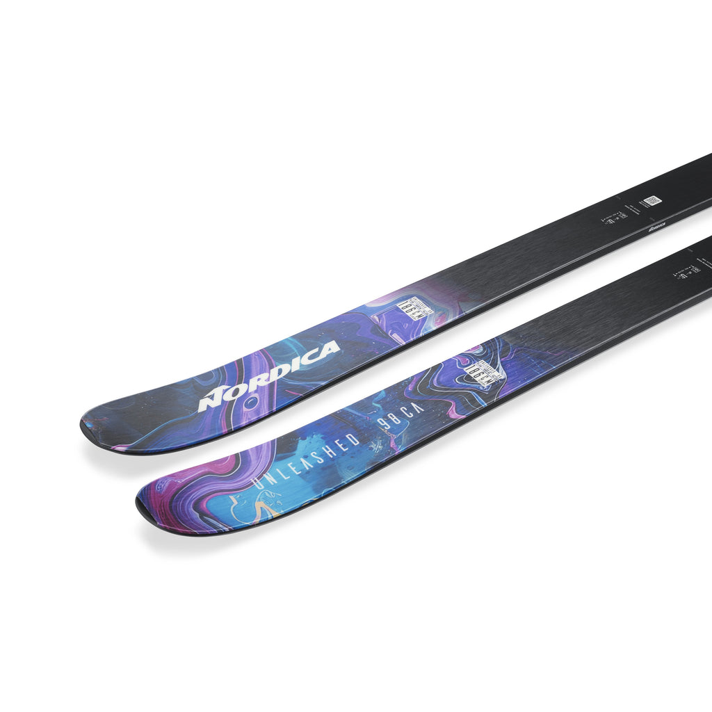 Nordica Unleashed 98 CA Skis - Blue/Orange, top sheet graphic detail