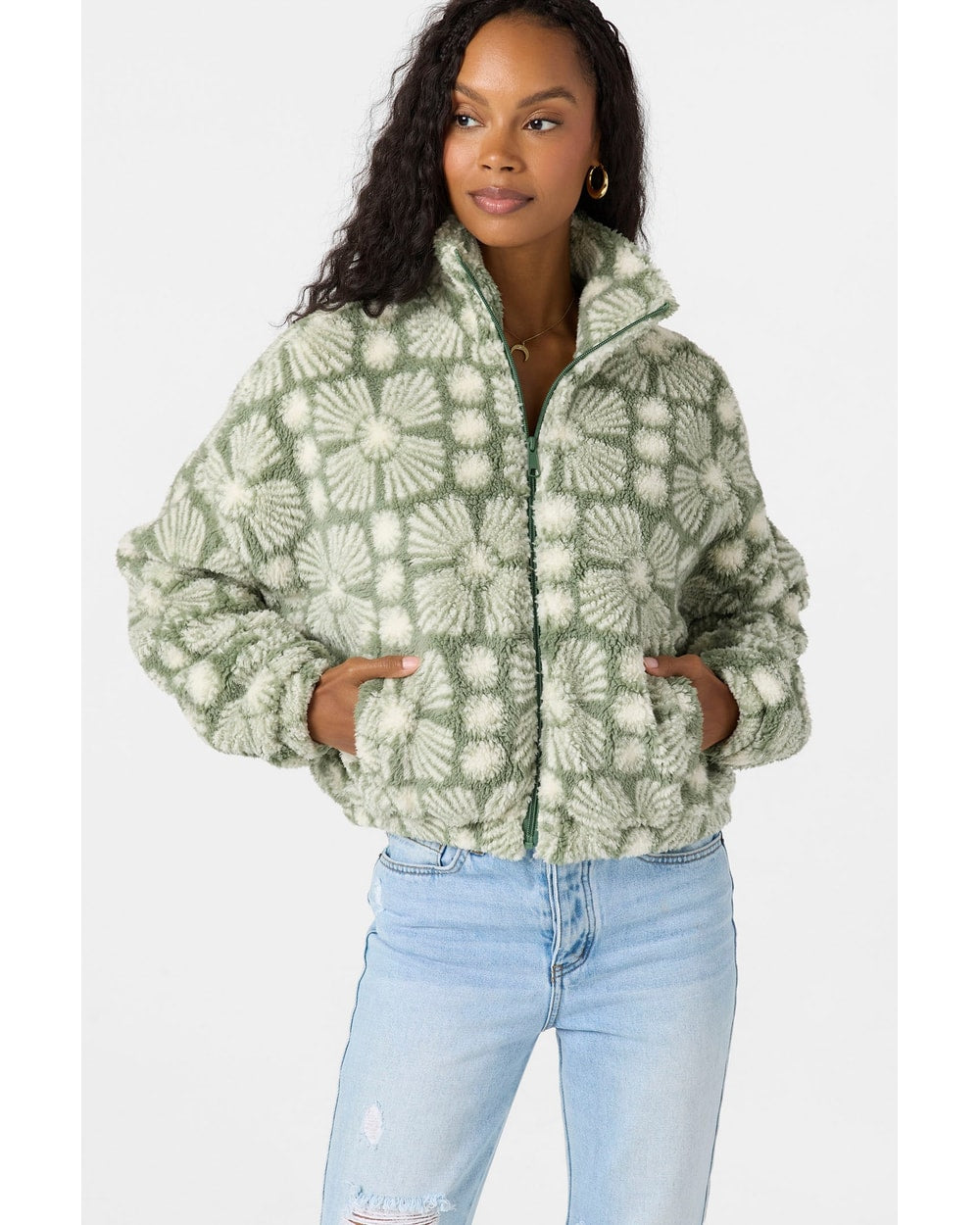 O'Neill Women's Cordin Printed Jacket - Sea Spray - front, hands in pockets