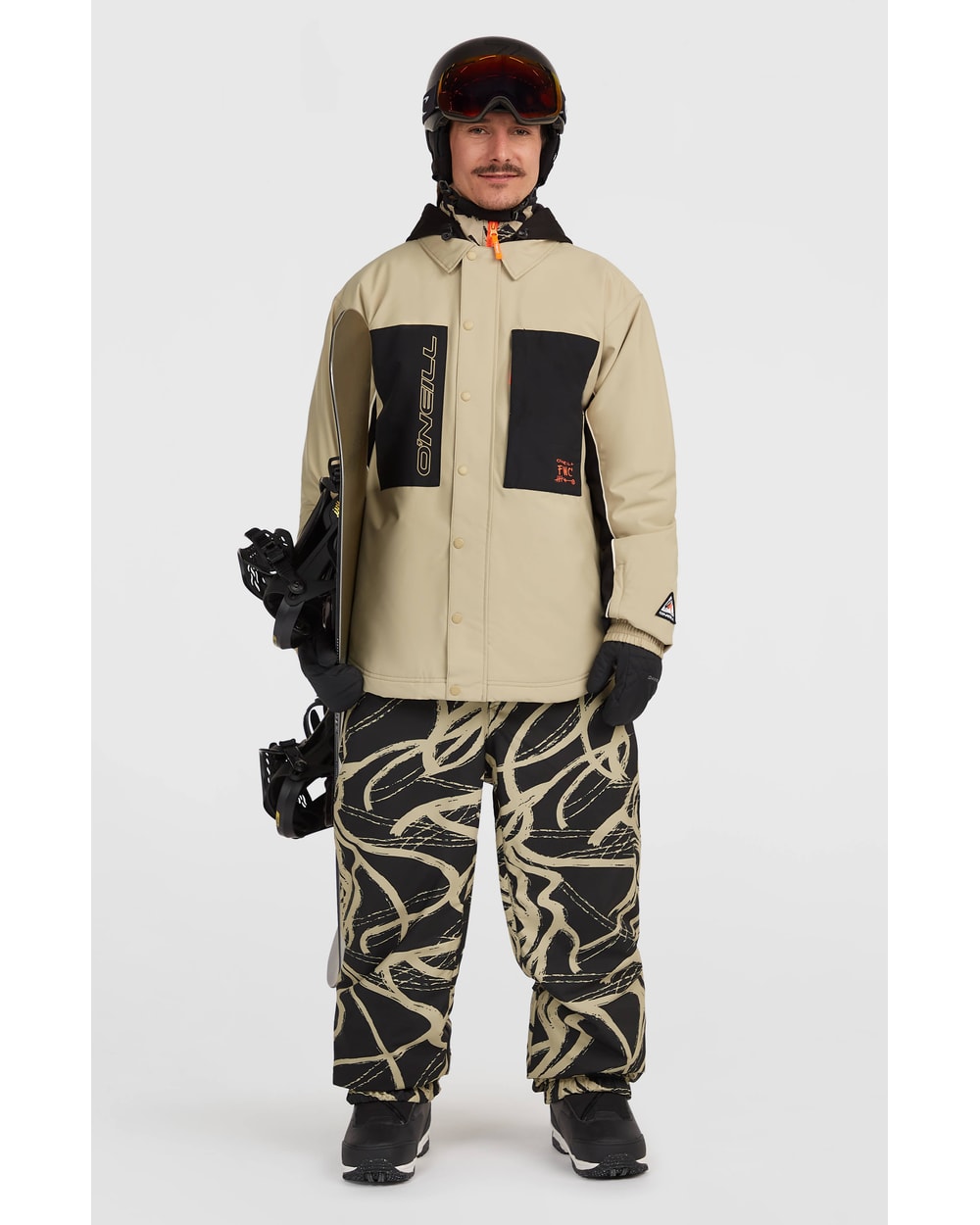 O'Neill Men's FWC'Play Shacket Snow Jacket - Olive Blush Colour Block, full-length view