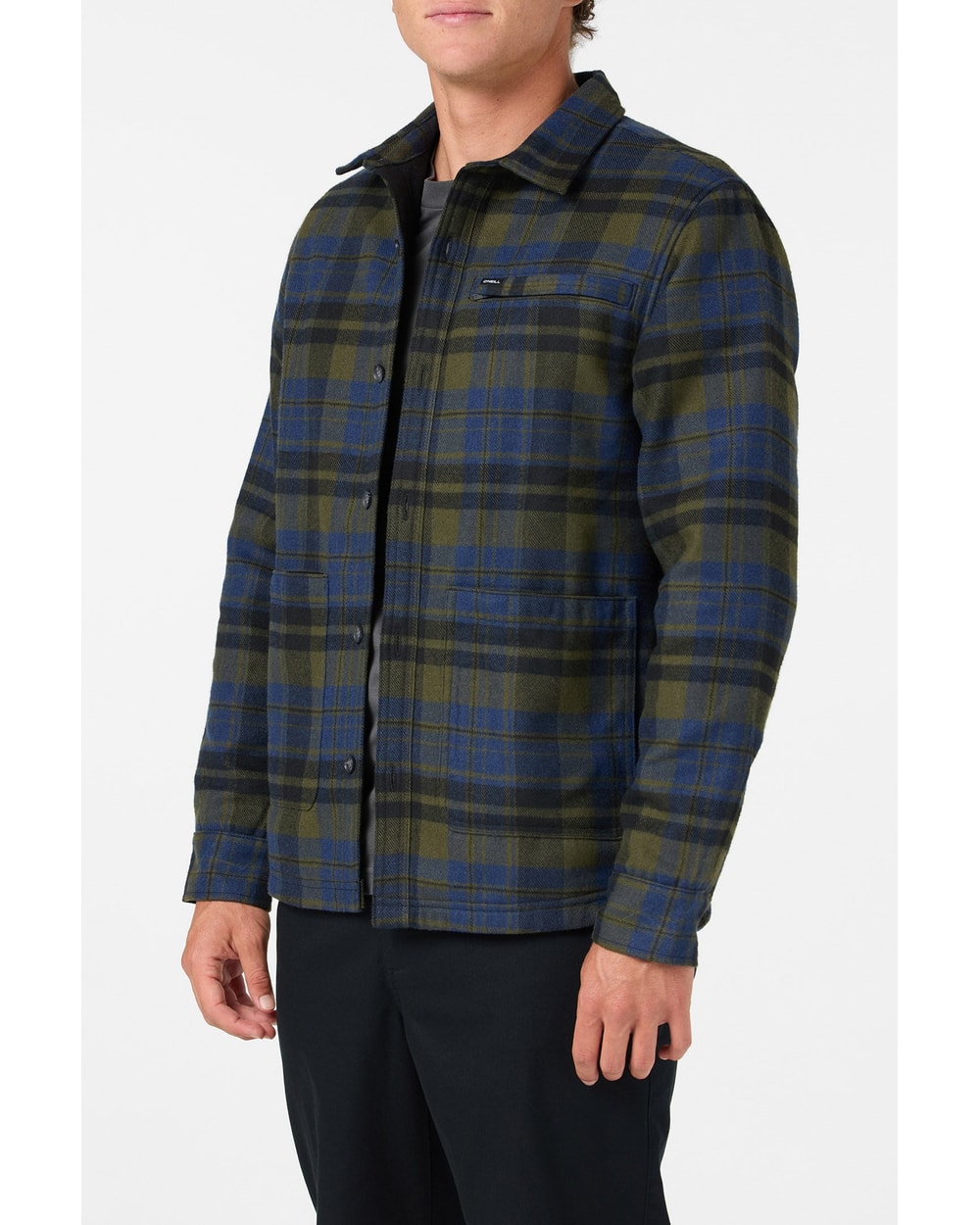 O'Neill Men's Plaid High Pile Lined Jacket - Army - three-quarter front