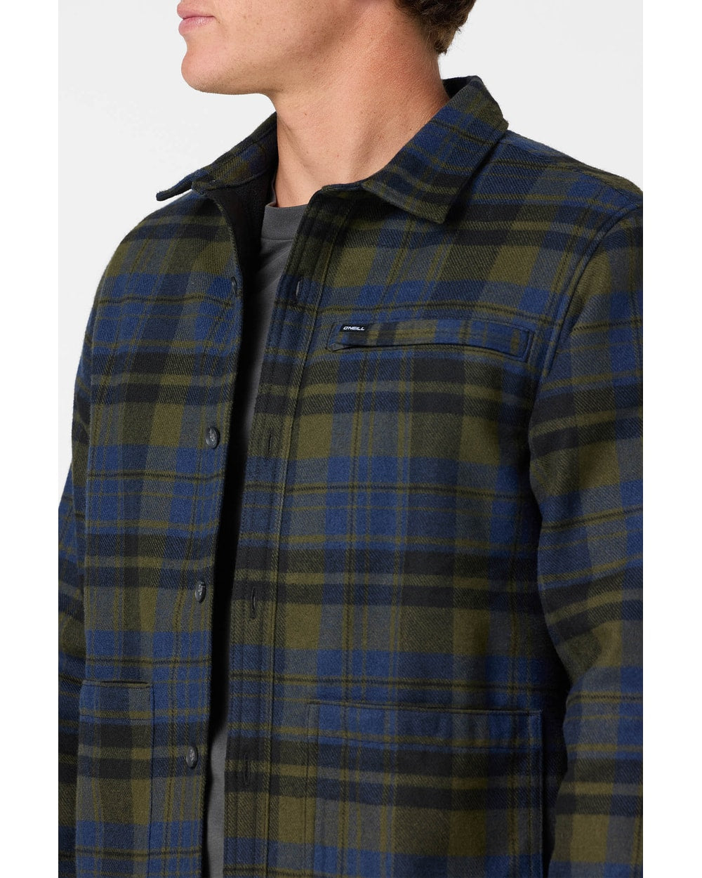 O'Neill Men's Plaid High Pile Lined Jacket - Army - collar and chest pocket detail