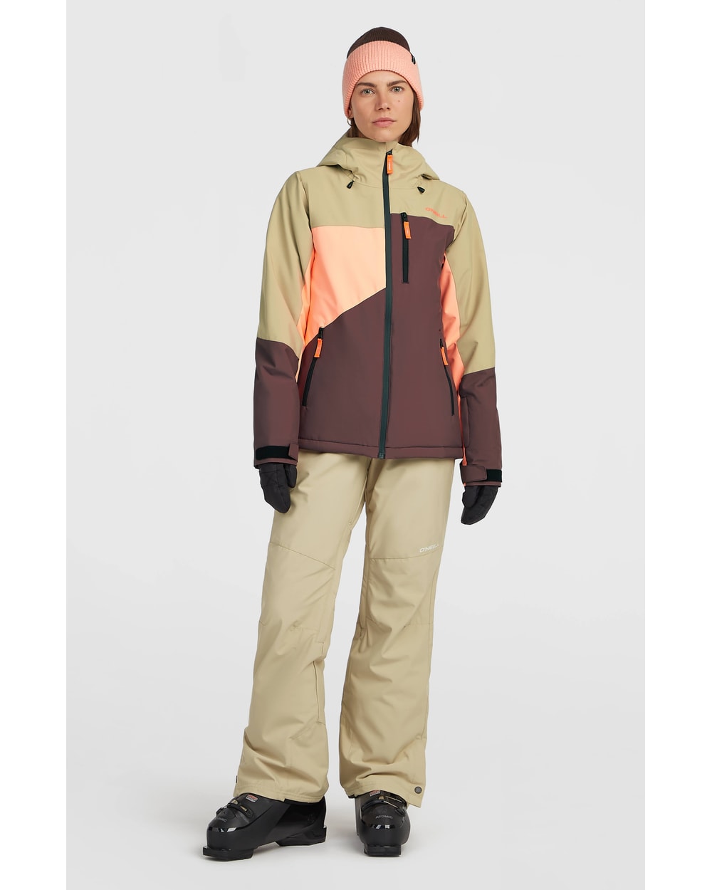 O'Neill Women's FWC'Cruz Triple Snow Jacket - Olive Blush Colour Block, full look