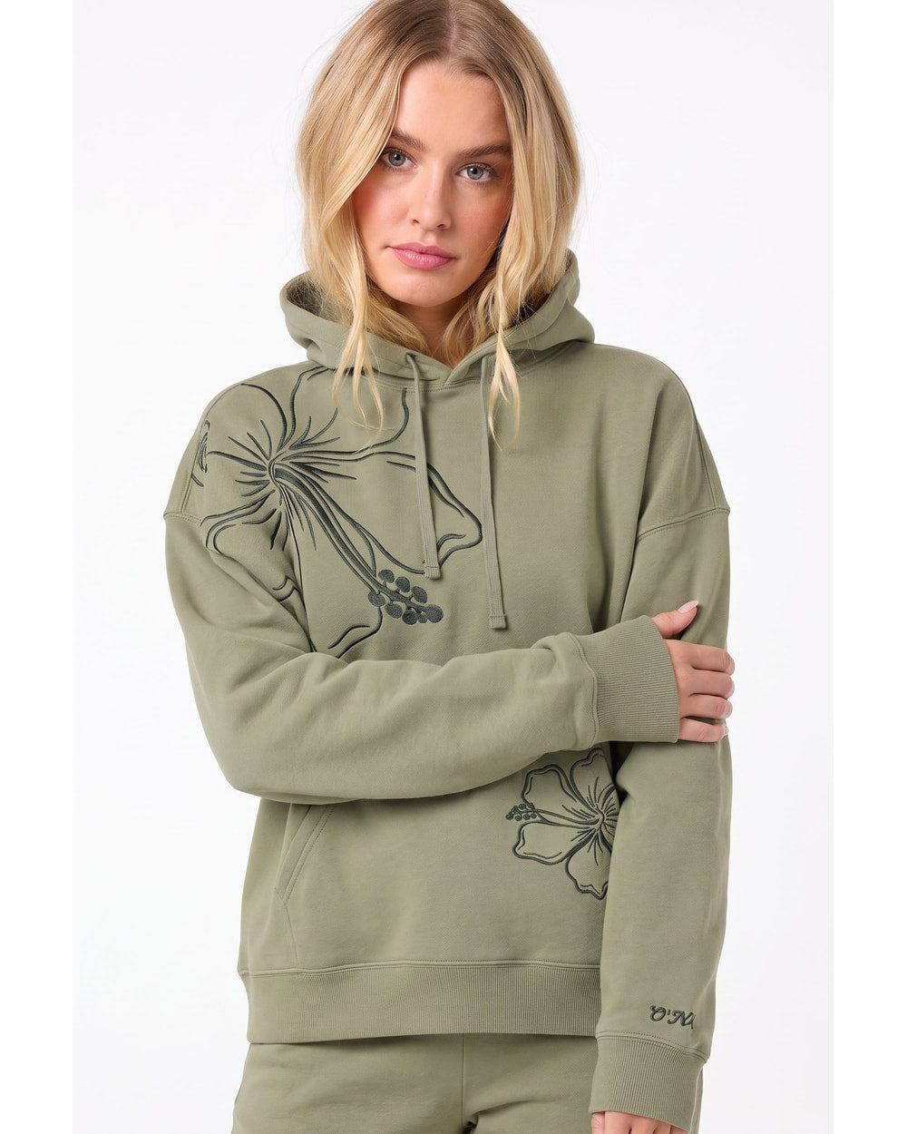 O'Neill Women's Hibiscus Oversized Hoodie - Sage - sleeve embroidery detail