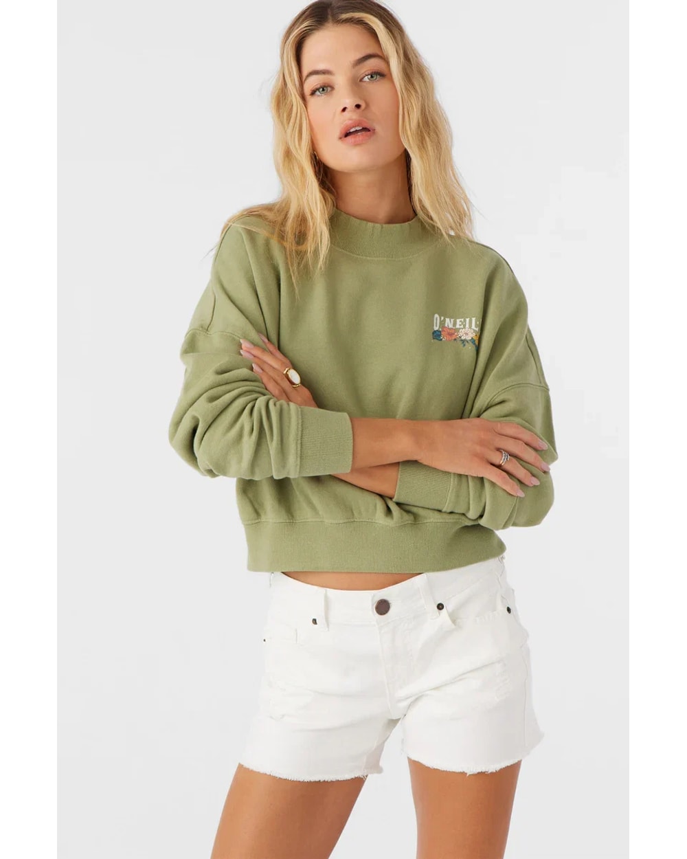 O'Neill Women's Moment Crop Crewneck - Oil Green - front detail