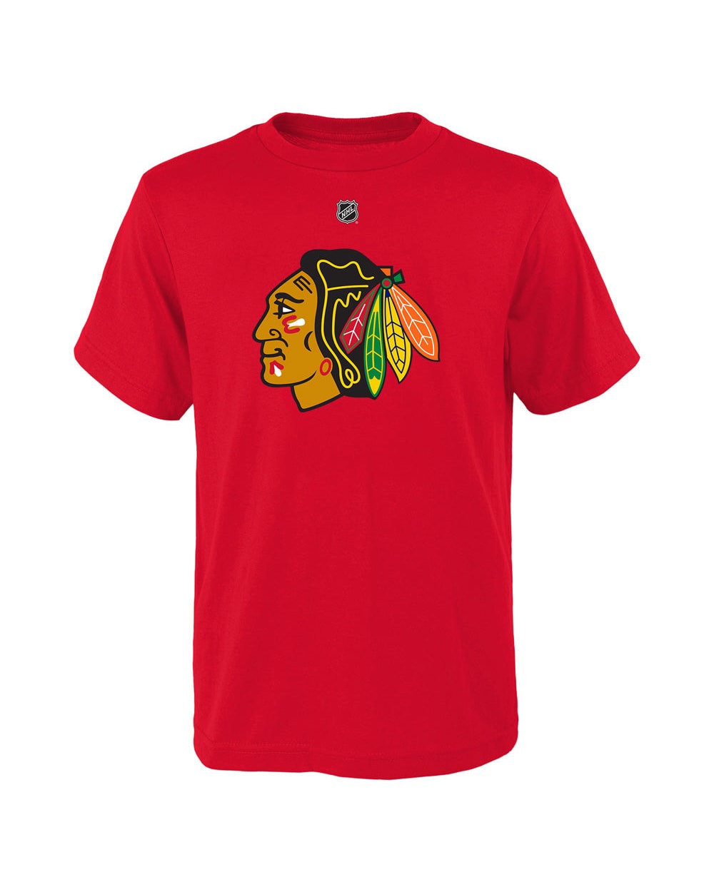 Outerstuff Chicago Blackhawks Connor Bedard youth name and number t-shirt in red, front