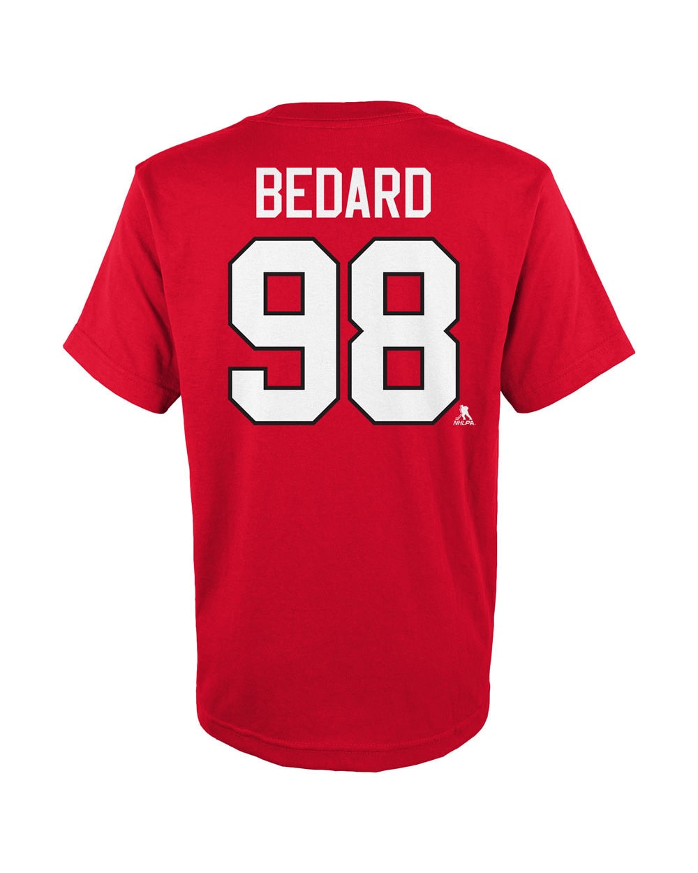 Outerstuff Chicago Blackhawks Connor Bedard youth name and number t-shirt in red, back with BEDARD 98