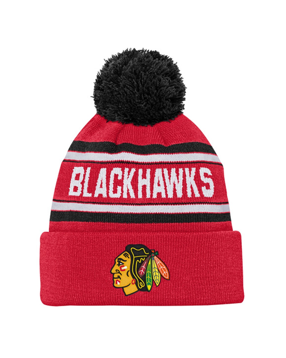 Outerstuff Youth Chicago Blackhawks Jacquard Knit Cuffed Toque with Pom