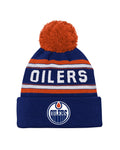 Outerstuff Youth Edmonton Oilers Jacquard Knit Cuffed Toque with Pom - Royal, front view