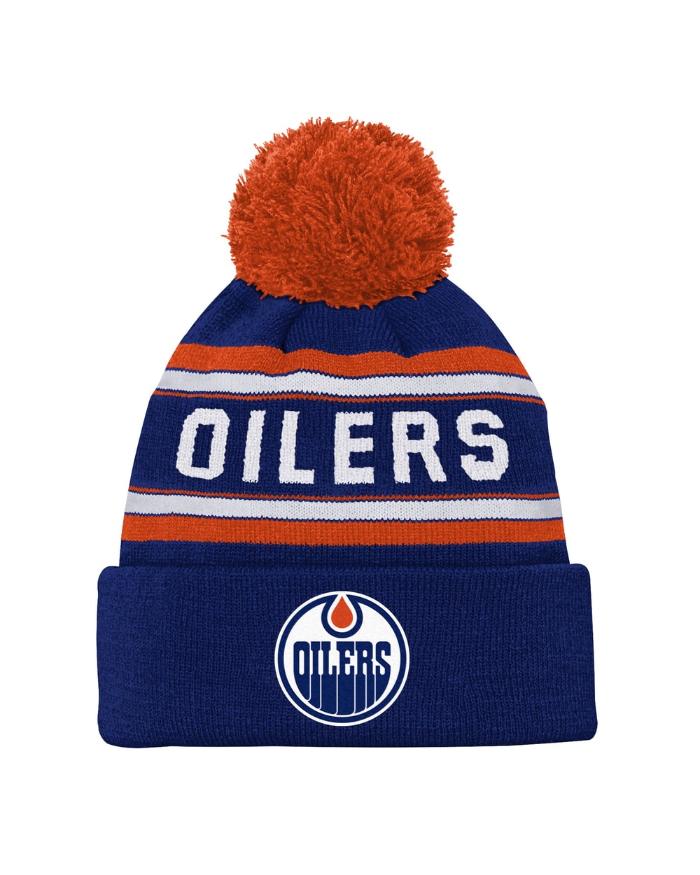 Outerstuff Youth Edmonton Oilers Jacquard Knit Cuffed Toque with Pom - Royal, front view