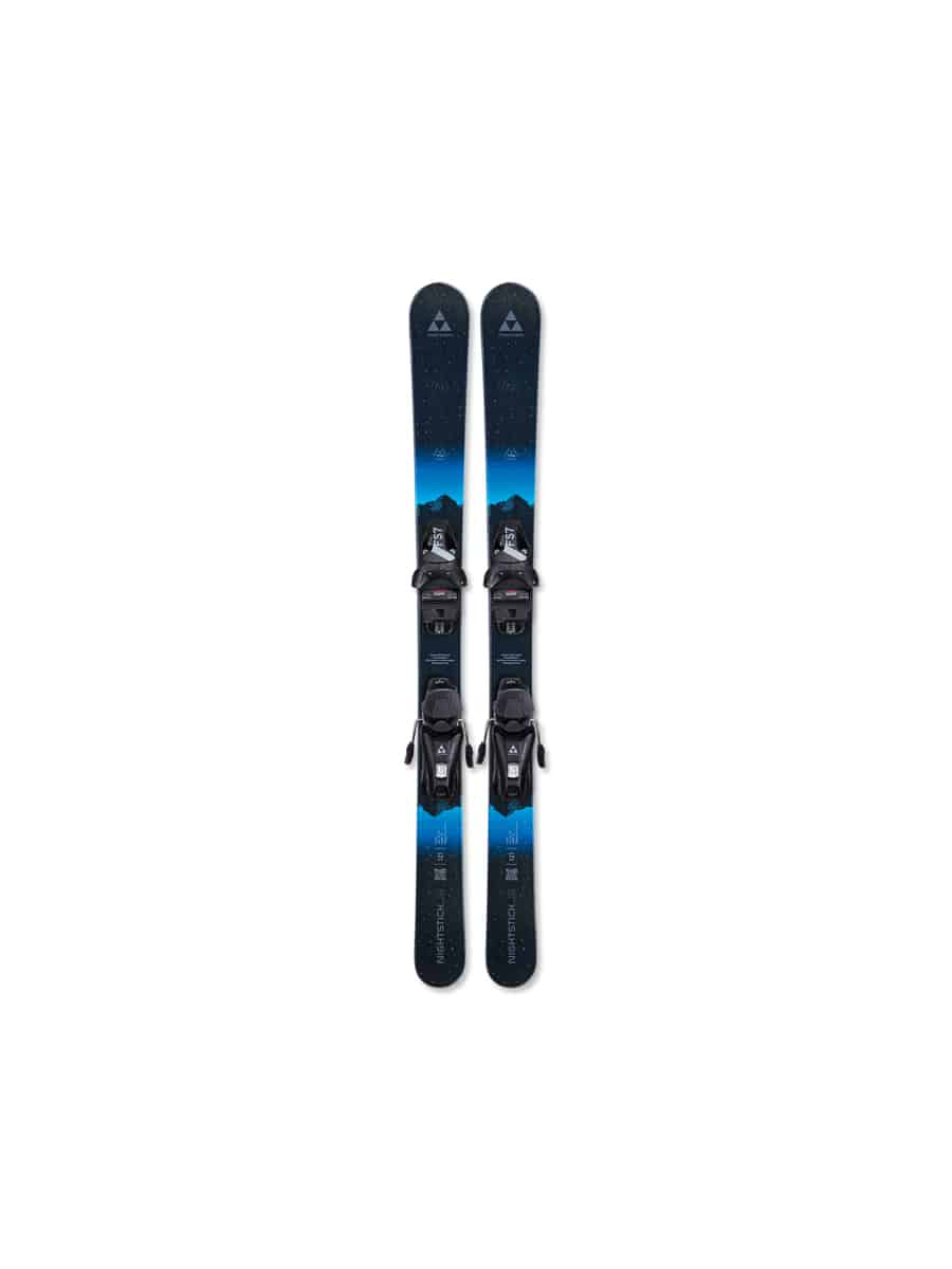Fischer Junior Nightstick Skis with FS7 Bindings - Navy and Blue, top view