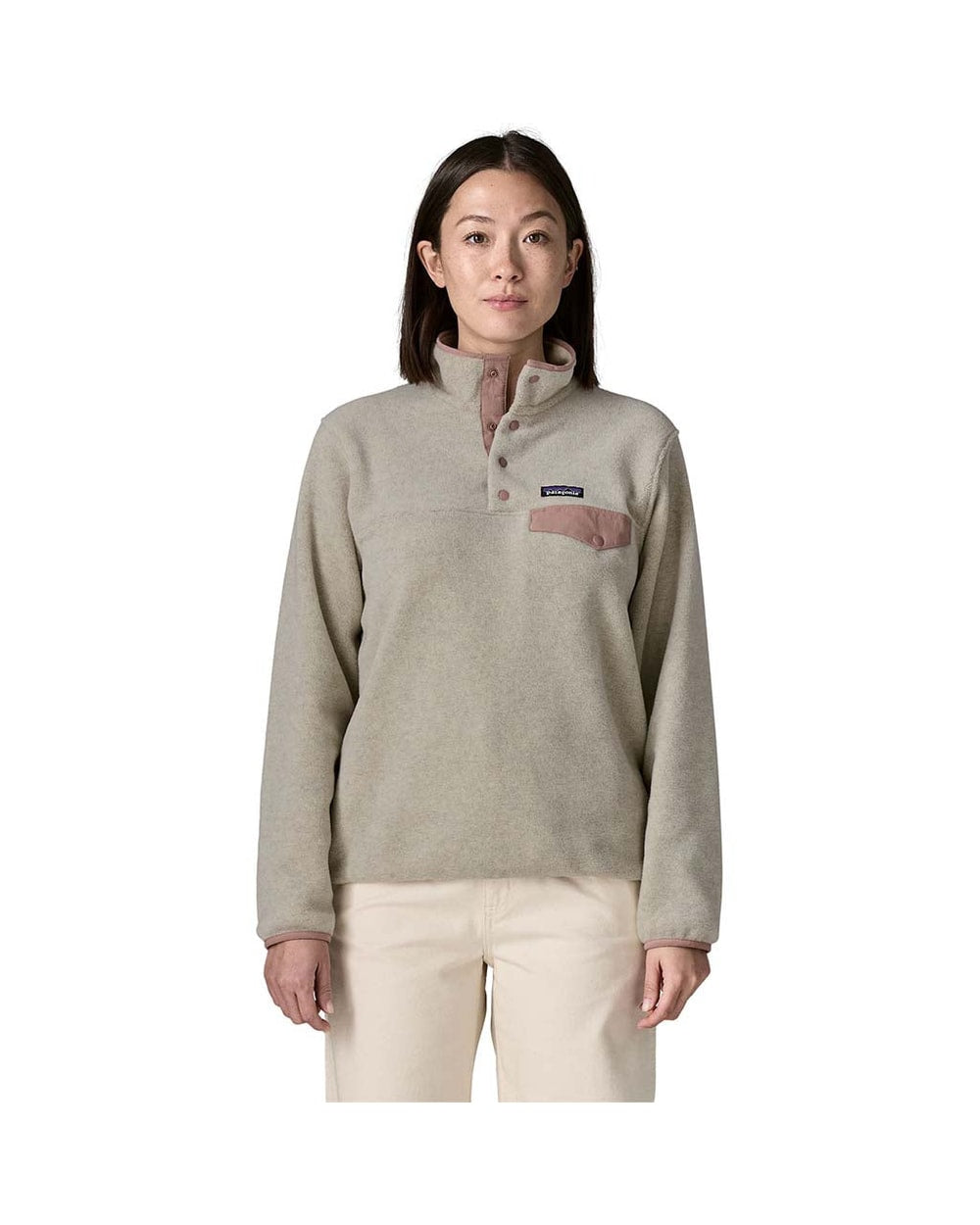 Patagonia Women's Lightweight Synchilla Snap-T Fleece Pullover (2026) - OATMEAL HEATHER W/MOONRISE TAUPE - on-model front
