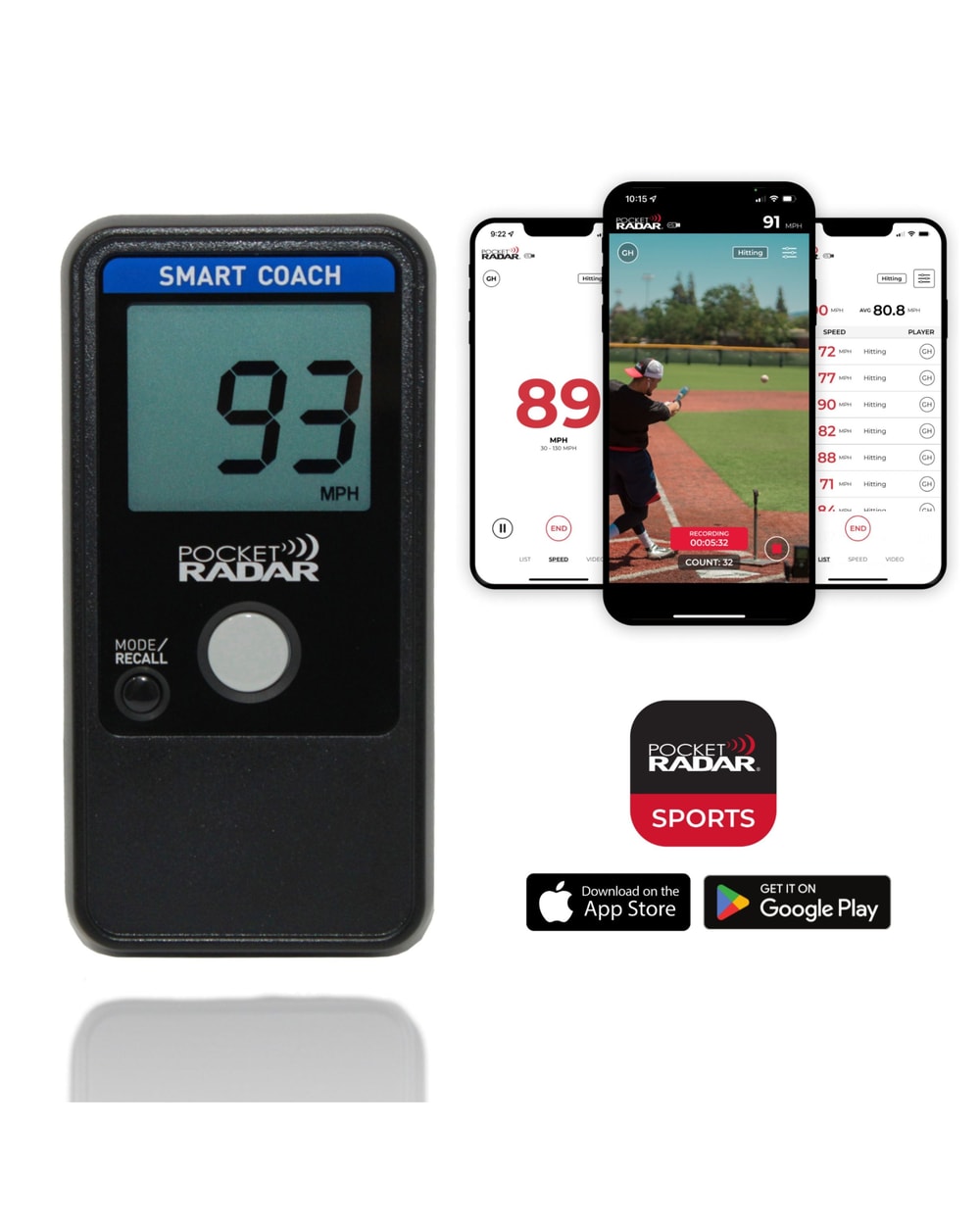Pocket Radar Smart Coach radar with Pocket Radar Sports app screens