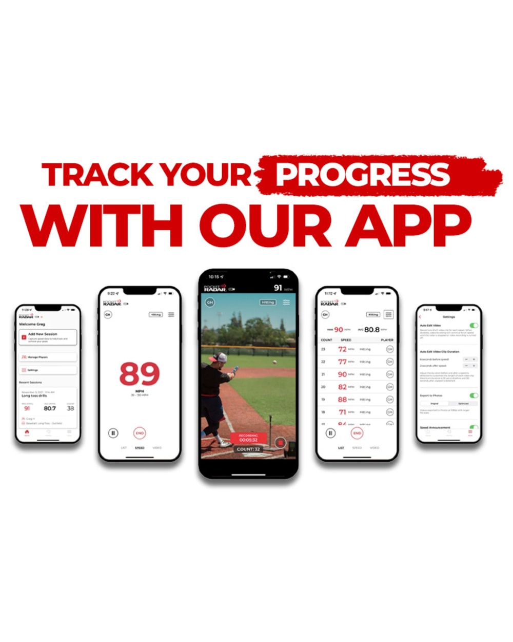 Pocket Radar Sports app screens for tracking speed training progress