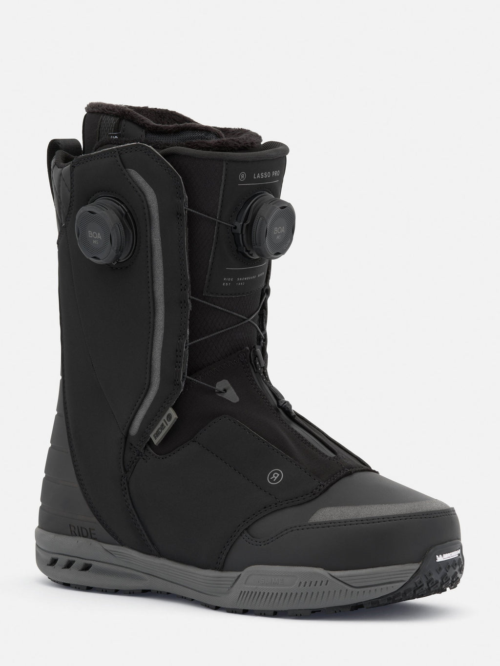 RIDE Lasso Pro snowboard boot in Black, front view