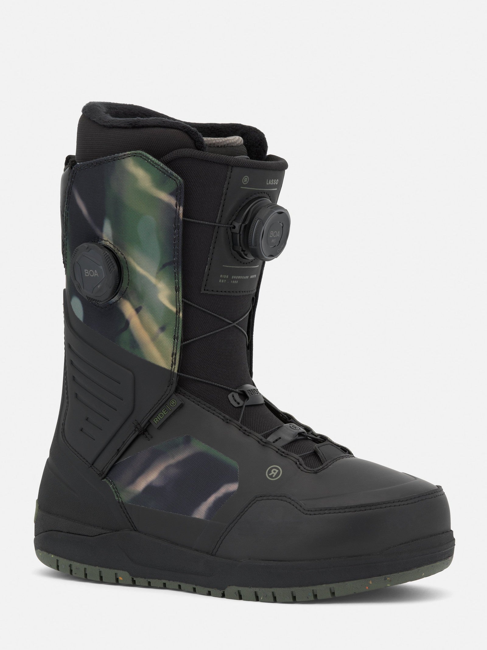 RIDE Lasso snowboard boot in Camo, front view