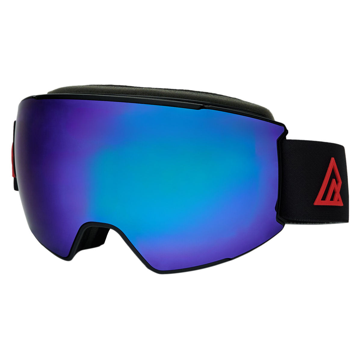 Ripzone Altitude adult winter sports goggles, black frame with Revo Blue lens, three-quarter front view
